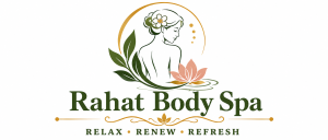Rahat Body Spa Sohna Road Gurgaon logo featuring a luxury spa design with a relaxing female silhouette, lotus flower, and elegant typography representing premium body massage and wellness services in Gurgaon.
